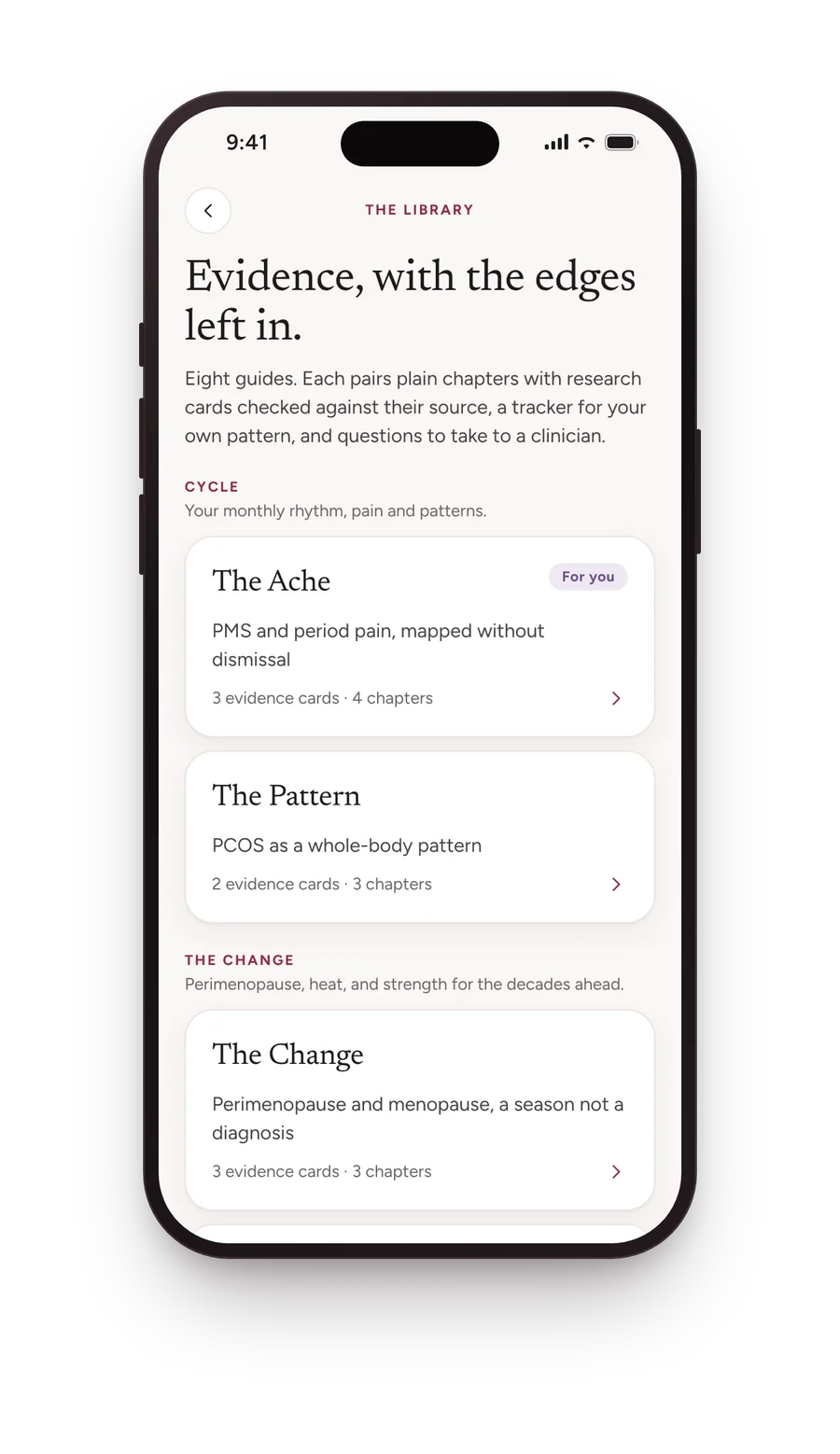 The Library: eight evidence guides, starting with The Ache and The Pattern