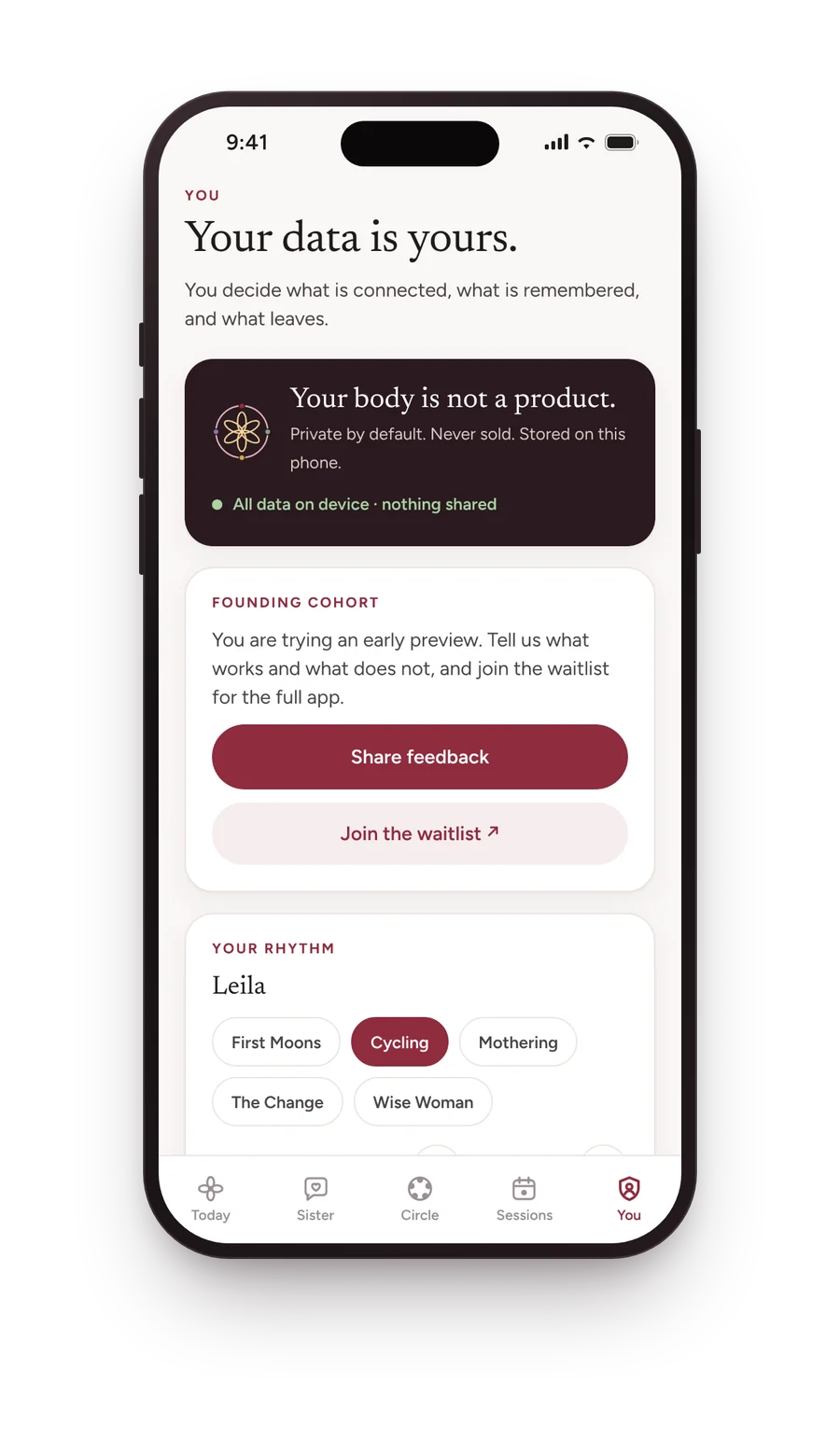 You: your body is not a product, all data on device and nothing shared, with export and delete